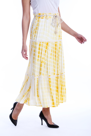 Wholesaler TINA - Yellow & White Tie-Dye Belted Tiered Midi Skirt