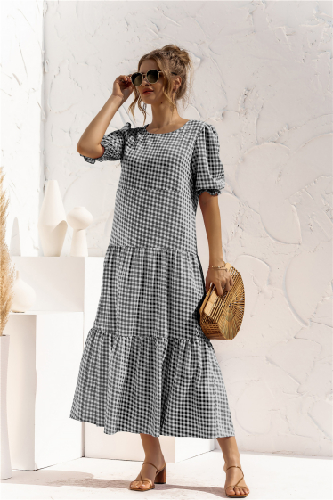 Wholesaler TINA - Black and ecru checkered dress in bohemian chic style