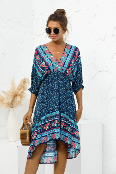 Wholesaler PRETTY SUMMER - Asymmetrical dress Navy blue and turquoise