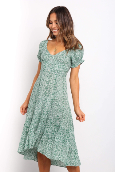 Wholesaler TINA - Asymmetrical dress Green and ecru bohemian chic style
