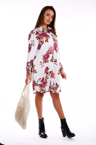 Wholesaler TINA - White & Red Floral Long-Sleeve Pocket Shirt Dress