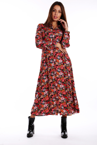 Grossiste TINA - Robe chemise mi-longue à manches longues à fleurs rouge et rose