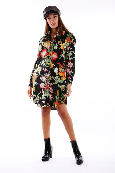 Wholesaler TINA - Black Floral Curved-Hem Long-Sleeve Shirt Dress