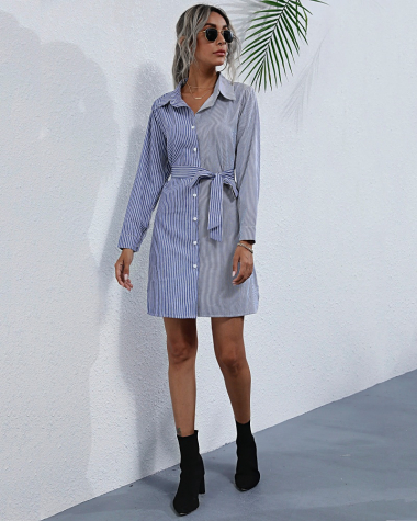 Wholesaler TINA - Buttoned striped shirt dress with ruffled sleeves