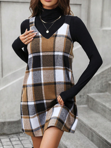 Grossiste TINA - Robe droite à carreaux Marron et noir