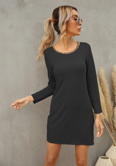 Wholesaler TINA - Black straight dress bohemian chic style