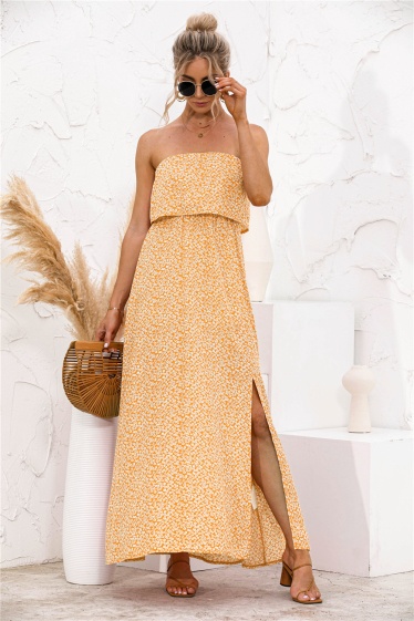 Wholesaler TINA - Long strapless dress Mustard and white bohemian chic style