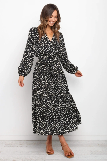 Wholesaler TINA - Long dress Black and ecru bohemian chic style