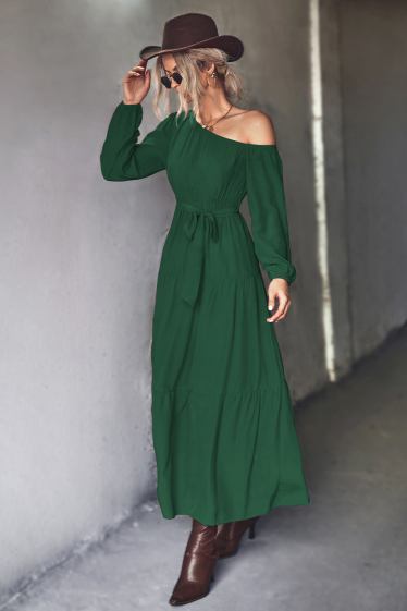 Großhändler TINA - Langes Kleid im dunkelgrünen Bohemian-Chic-Stil
