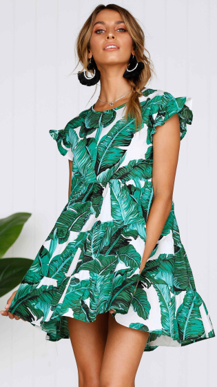 Großhändler TINA - Kurzärmliges Kleid mit Palmenmuster in Grün und Weiß