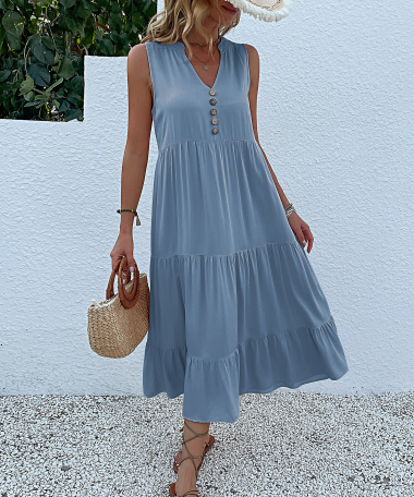 Grossiste TINA - Robe midi Bleu clair style bohème chic