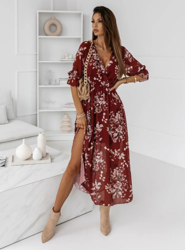 Burgundy floral midi on sale dress