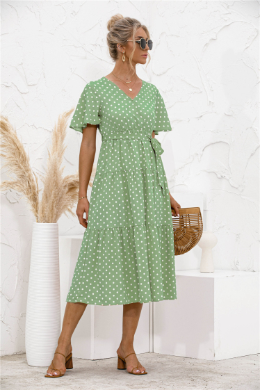 Wholesaler TINA - Midi dress Light green and white bohemian chic style
