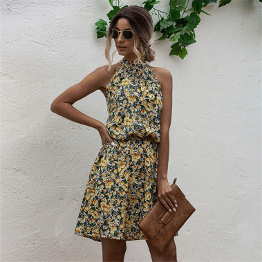 Wholesaler PRETTY SUMMER - Yellow and dark green skater dress