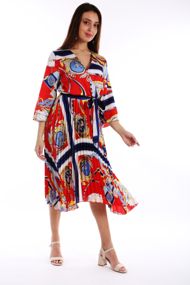 Wholesaler TINA - Red & Blue Abstract Pleated Three-Quarter Sleeve Wrap Dress