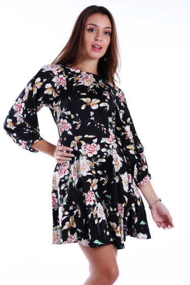 Wholesaler TINA - Black & Pink Floral Bishop-Sleeve A-Line Dress