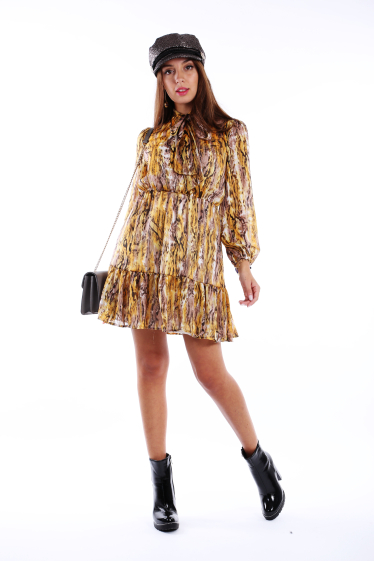 Wholesaler TINA - Yellow & Brown Abstract Metallic Tie-Neck A-Line Dress