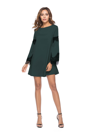 Wholesaler TINA - Green sleeve dress decorated with lace, bohemian chic style