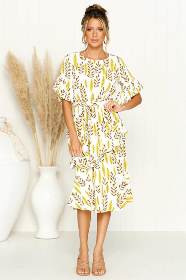 Wholesaler TINA - Ecru and yellow ruffled dress