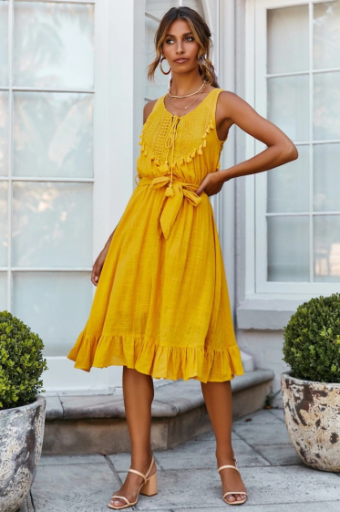 Wholesaler TINA - Mustard ruffled dress in bohemian chic style
