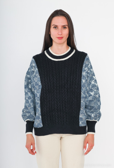 Großhändler Unigirl - Pullover aus zwei Materialien mit paillettenbesetzten Jeansärmeln