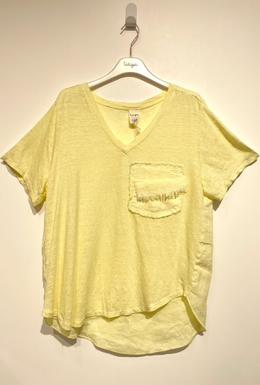 Grossiste NOS - T - shirt en lin unicolor avec poche effet déchire