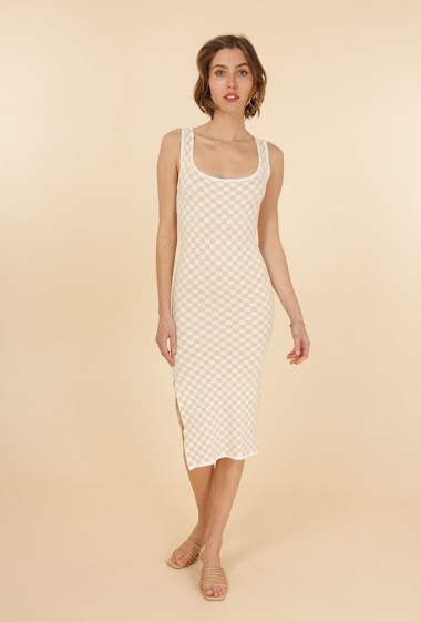 Wholesaler Van Der Rock - Dress with square neckline in checkerboard print knit