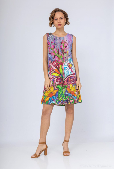 Wholesaler Vega's - Printed dress with pockets, sleeveless, boat neck