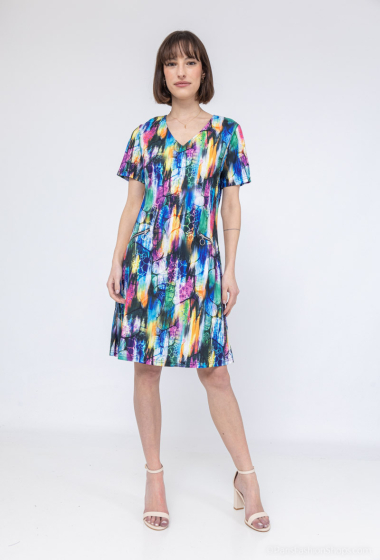 Großhändler Vega's - Bedrucktes Kleid mit Reißverschlusstaschen, kurzen Ärmeln, V-Ausschnitt
