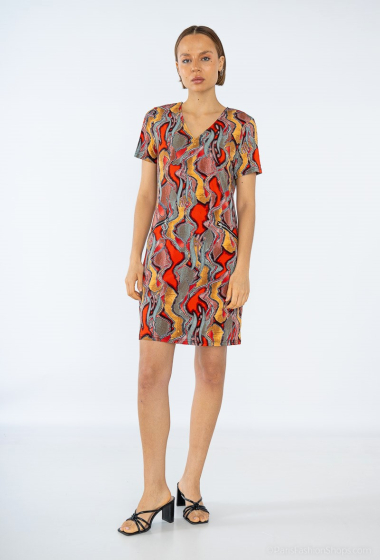 Großhändler Vega's - Bedrucktes Kleid mit Reißverschlusstaschen, kurzen Ärmeln, V-Ausschnitt
