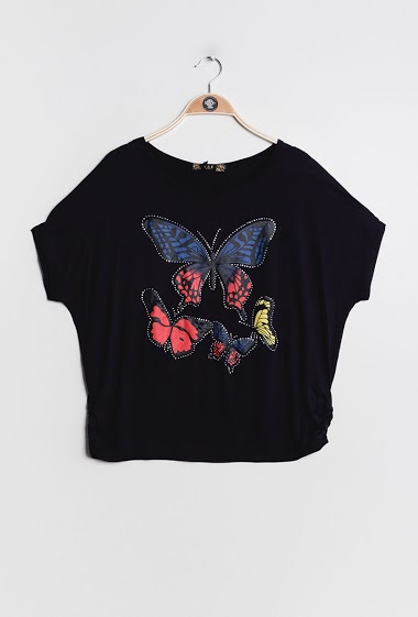Grossiste Vera Fashion - T-shirt avec papillons et strass