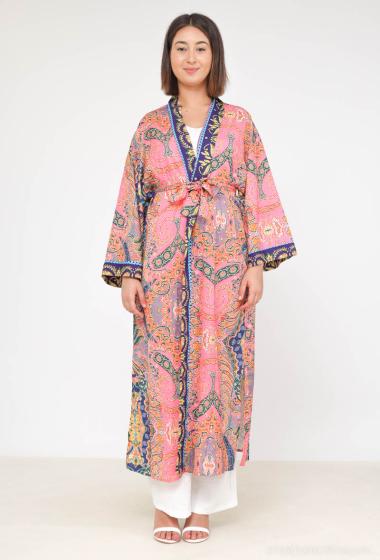 Wholesaler Voyelles - Open Belted Print Long Kimono