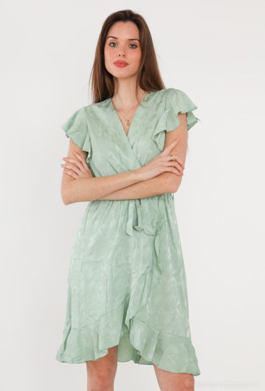 Wholesaler Voyelles - Short tone-on-tone print belted dress with flounced sleeves