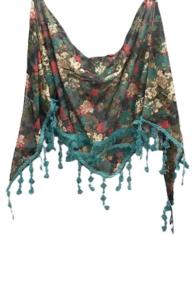 Wholesaler VS PLUS - Floral triangle scarf with fur and pompom