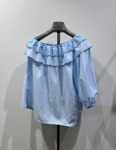Wholesaler W Studio - Asymmetrical Gingham Blouse with Embroidery