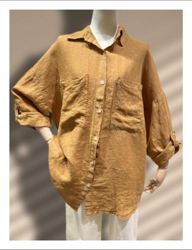 Mayorista W Studio - Camisa de lino con bolsillo de hilo de color