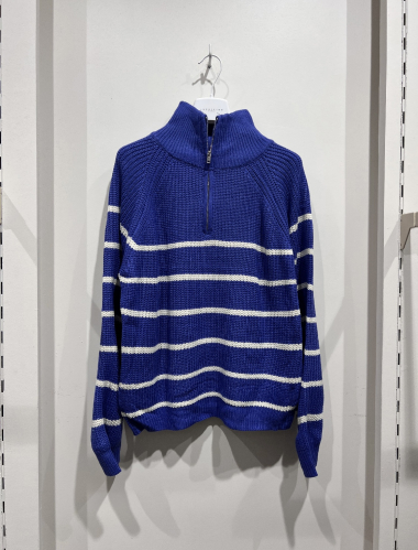 Wholesaler W Studio - Striped Zipped Chimney Sweater