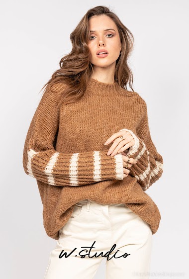 Wholesaler W Studio - Striped Sleeve High Neck Sweater