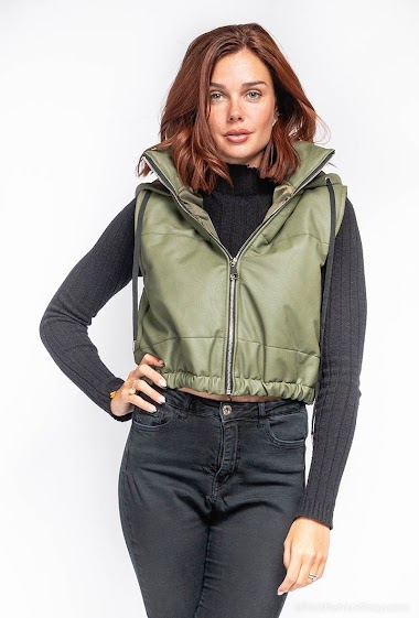 Wholesaler Wawa Design - Faux leather sleeveless hooded down jacket