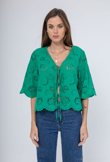 Grossiste Willow - Blouse unie à noeuds et broderie anglaise