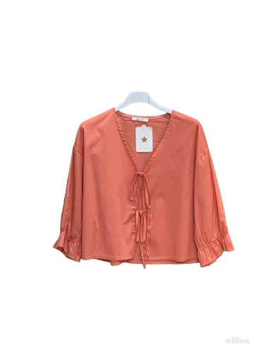 Wholesaler Willow - Bowed cotton poplin blouse with 3/4 sleeves