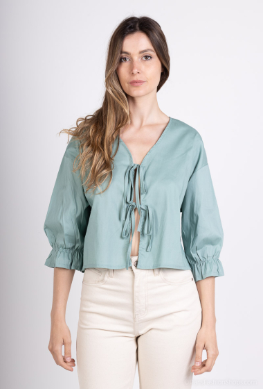 Wholesaler Willow - Bowed cotton poplin blouse with 3/4 sleeves