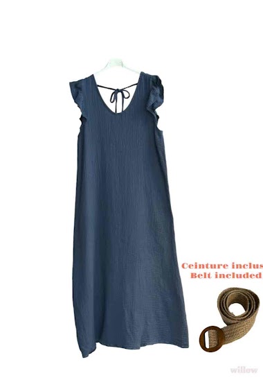 Wholesaler Willow - Long dress in cotton gauze with shoulders and belt