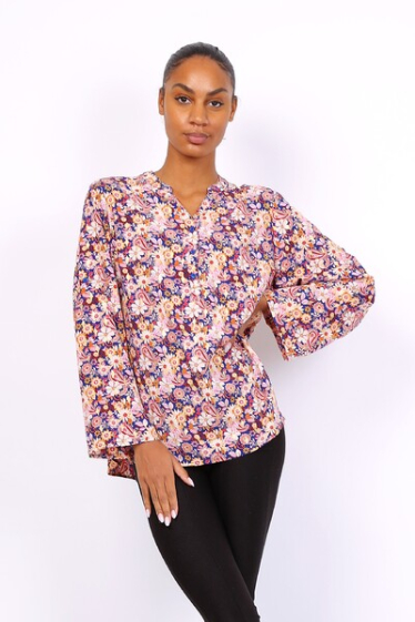 Wholesaler World Fashion - Fluid & casual GT blouse with gold and long sleeves - Small flower print