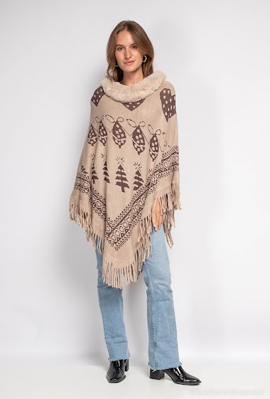 Wholesalers World Fashion - Poncho with patterns and faux fur