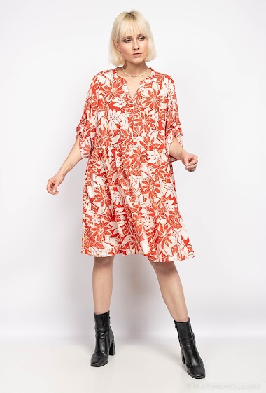 Wholesaler World Fashion - GT ruffle tunic dress 3/4 sleeves with gold - Tropical print