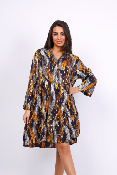 Wholesaler World Fashion - Flowy & casual GT dress with 3/4 sleeves with gold trim - Feather print