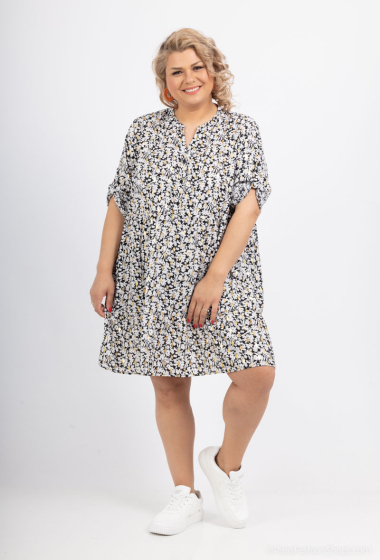 Wholesaler World Fashion - GT ruffle tunic dress with gold and 3/4 sleeves - Flower print