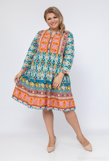 Wholesaler World Fashion - GT ruffled tunic dress with 3/4 sleeves - Bohemian print