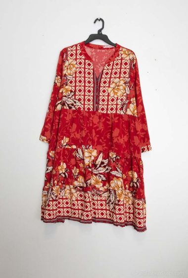 Wholesaler World Fashion - GT ruffled tunic dress with 3/4 sleeves - Flower print